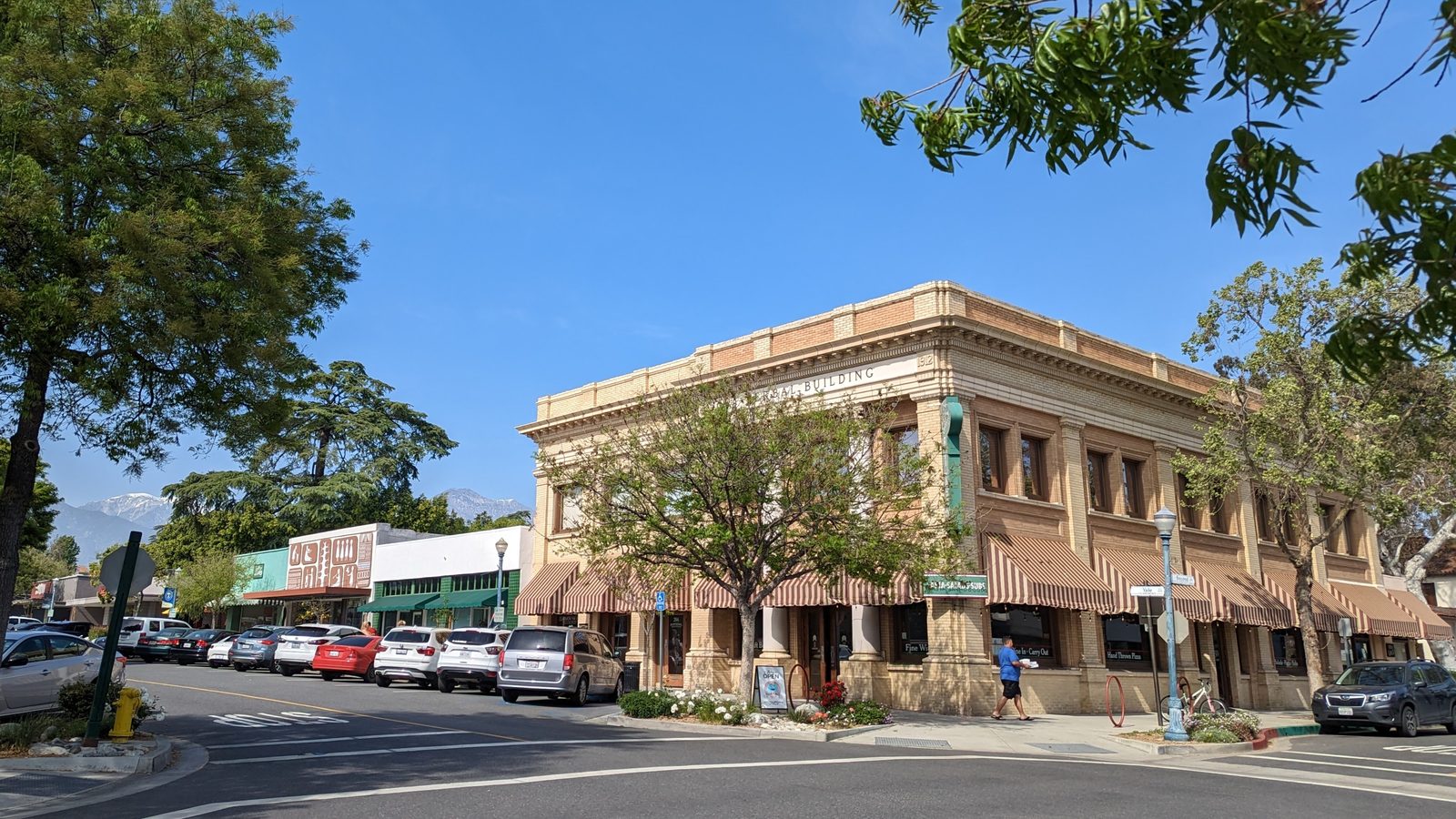 Historic Verbal Building in the Claremont Village, with the San Gabriel Mountains in the background