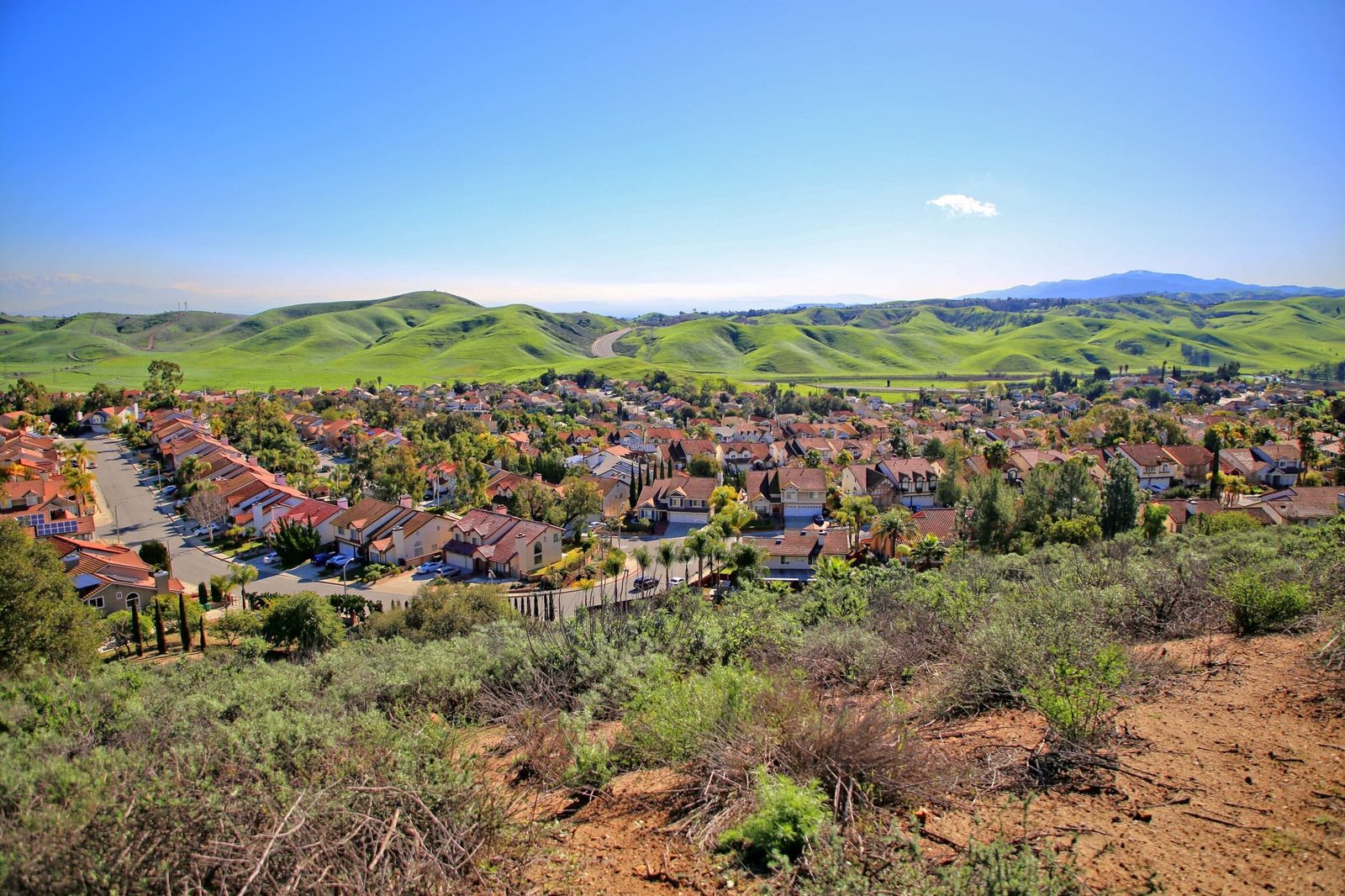 Neighborhoods and green rolling hills of Diamond Bar, California
