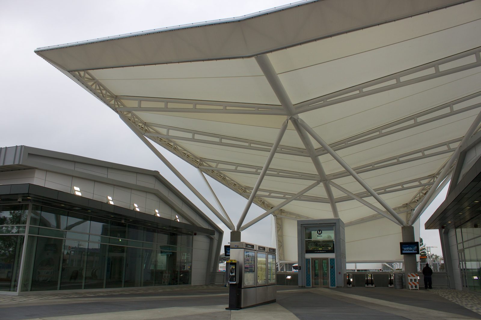 Canopied main entrance of El Monte Station transit center in El Monte, California
