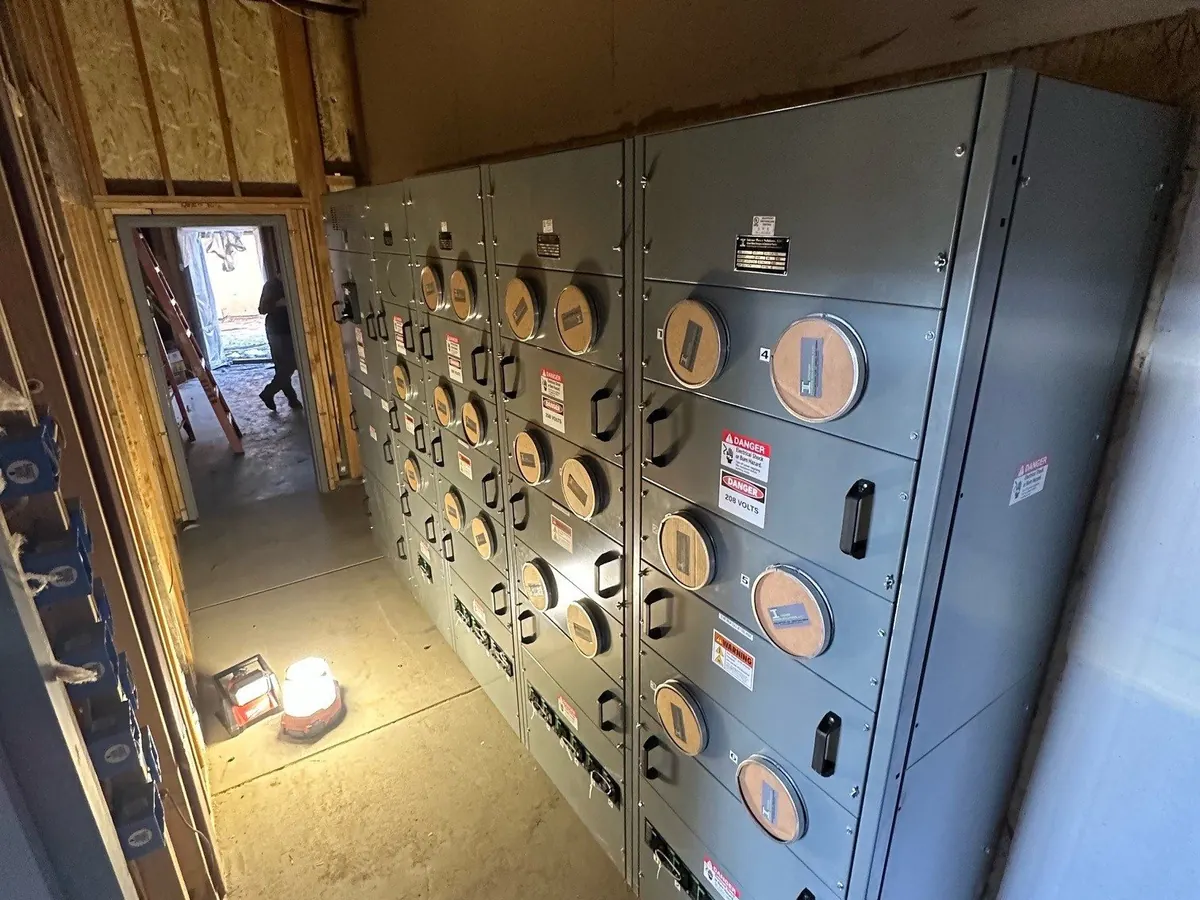 Multi-meter electrical service bank for the residential units at the Gateway Mixed Use building in Santa Maria, CA