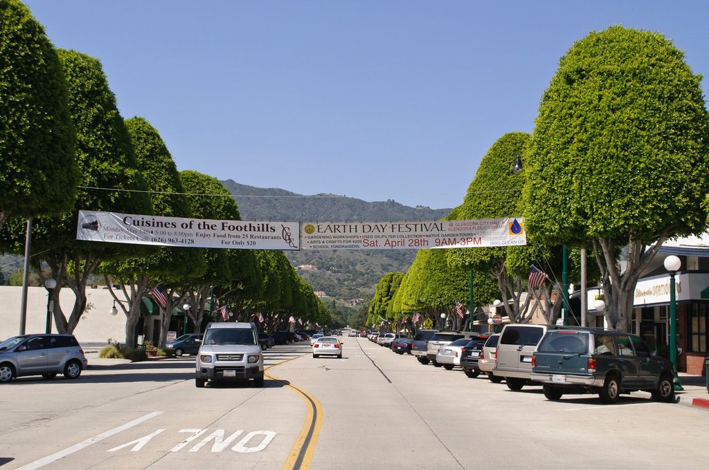 Tree-lined Glendora Avenue in the Glendora Village, Glendora, California