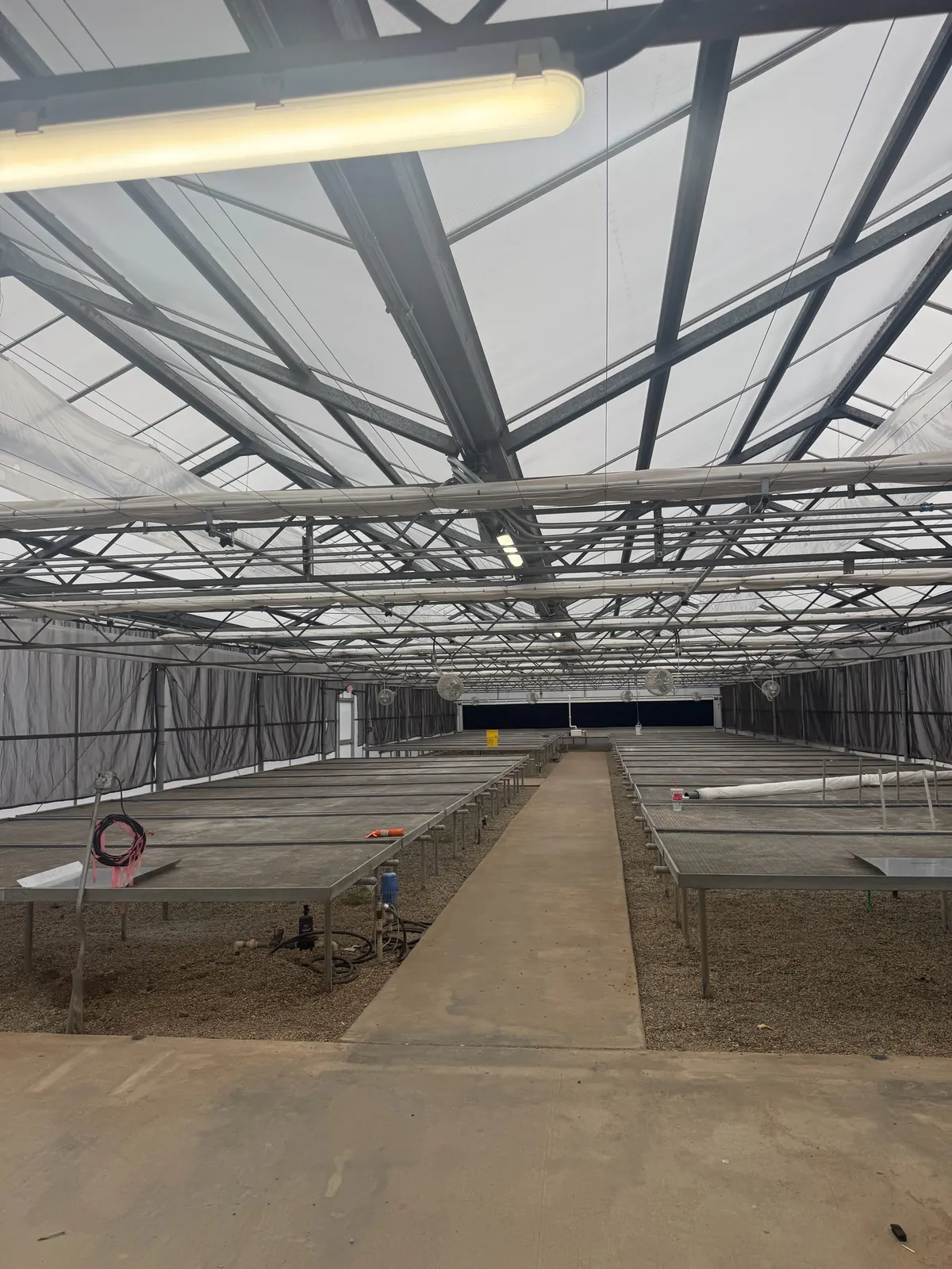 Greenhouse center aisle between rows of plant benches, with wall-mounted fans and overhead lights, at the LA County Arboretum