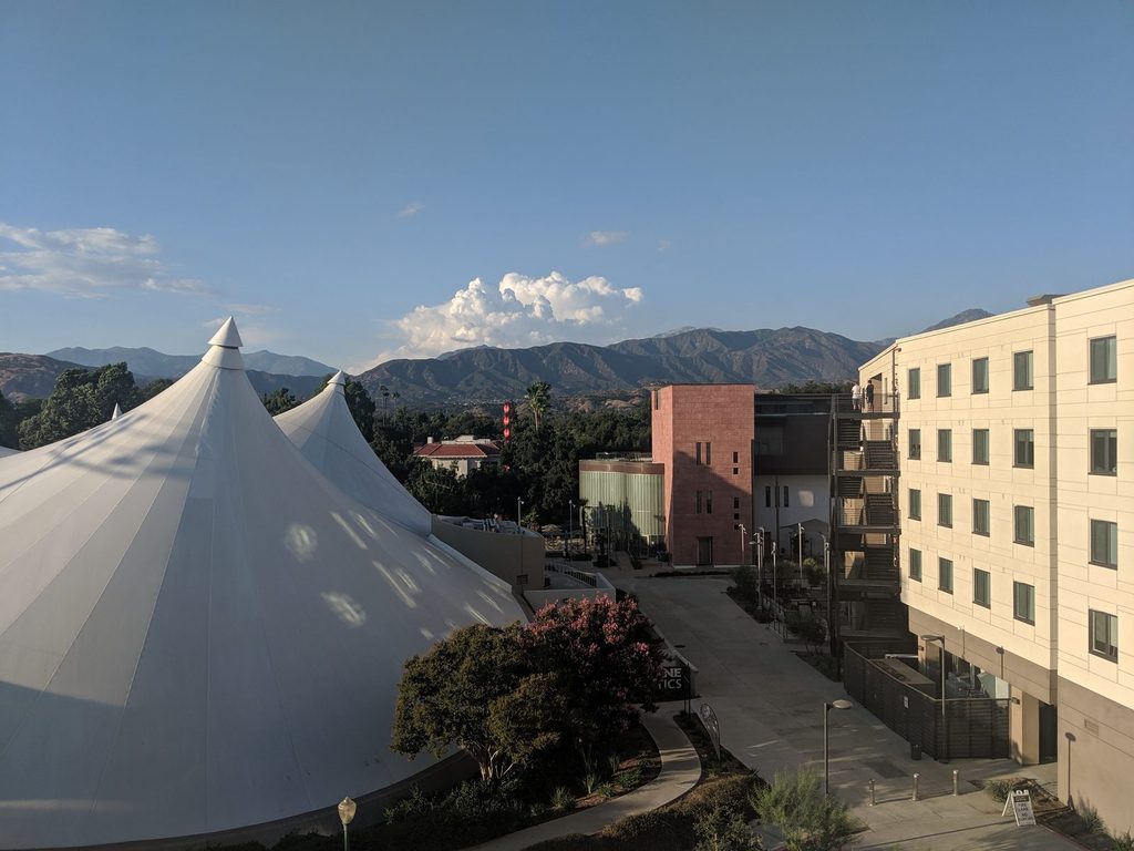 University of La Verne campus in La Verne, California, with the San Gabriel Mountains behind