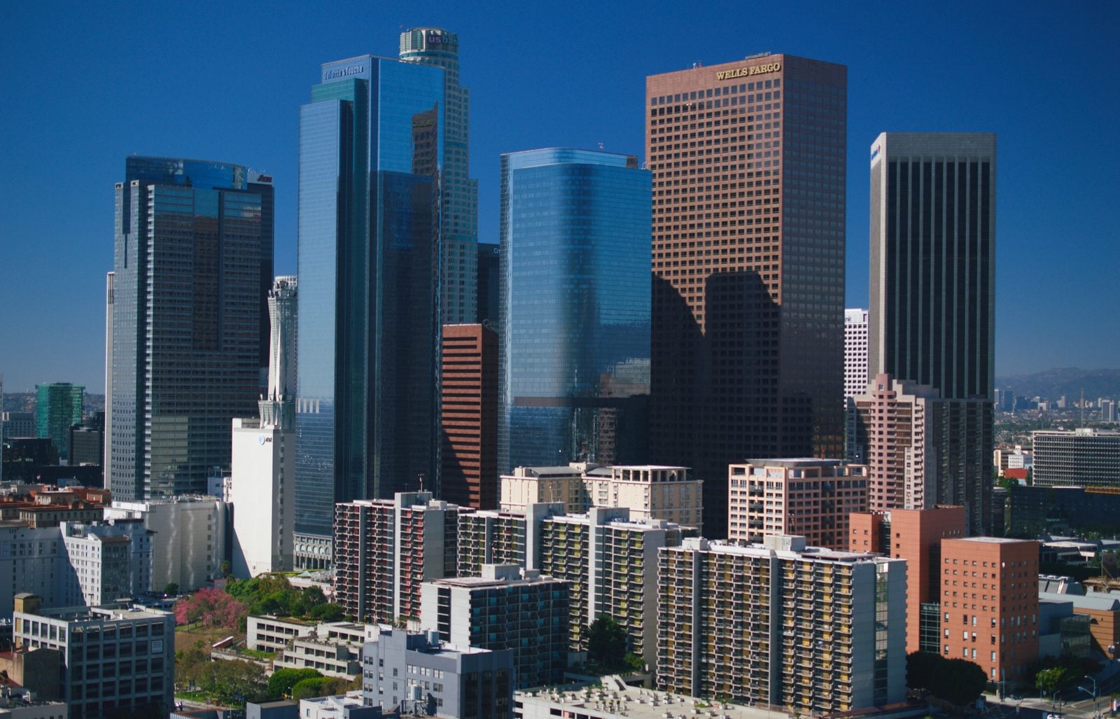 Downtown Los Angeles skyline of office towers on a clear day